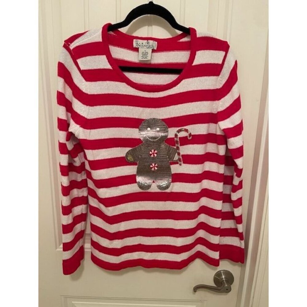 Nouveaux Womens Medium Red & White Striped Holiday‎ Sweater Gingerbread Sequin